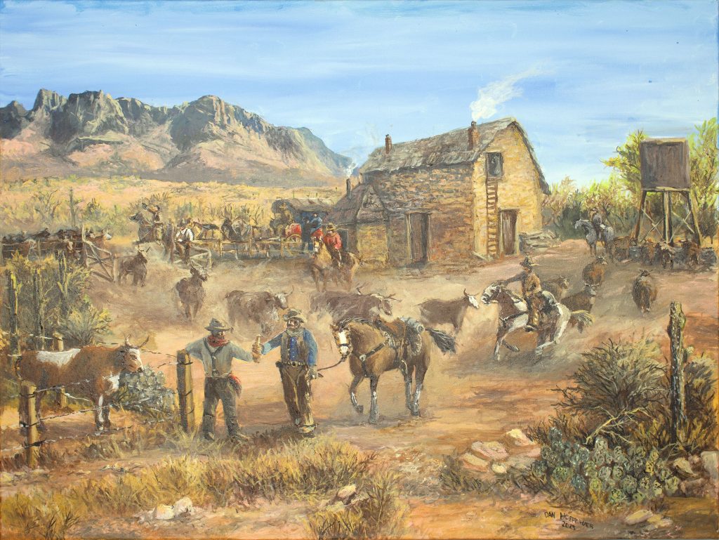 Acrylic on Canvas paining by Dan Hoffbauer depicting a lively, active day at Steam Pump Ranch in the late 1800's.