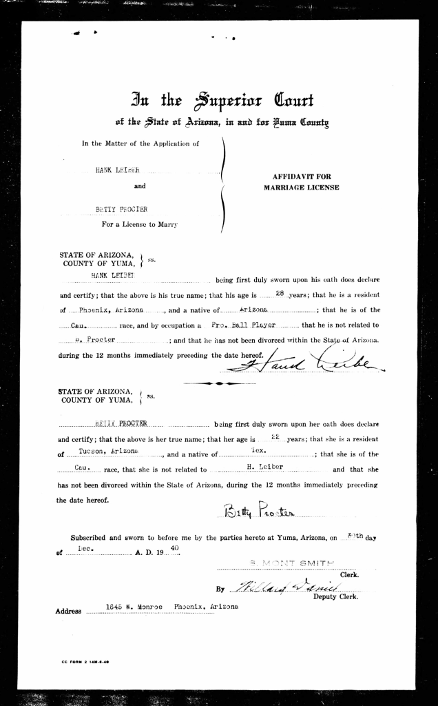 Marriage License for Hank Leiber and Betty Procter, December 30, 1940