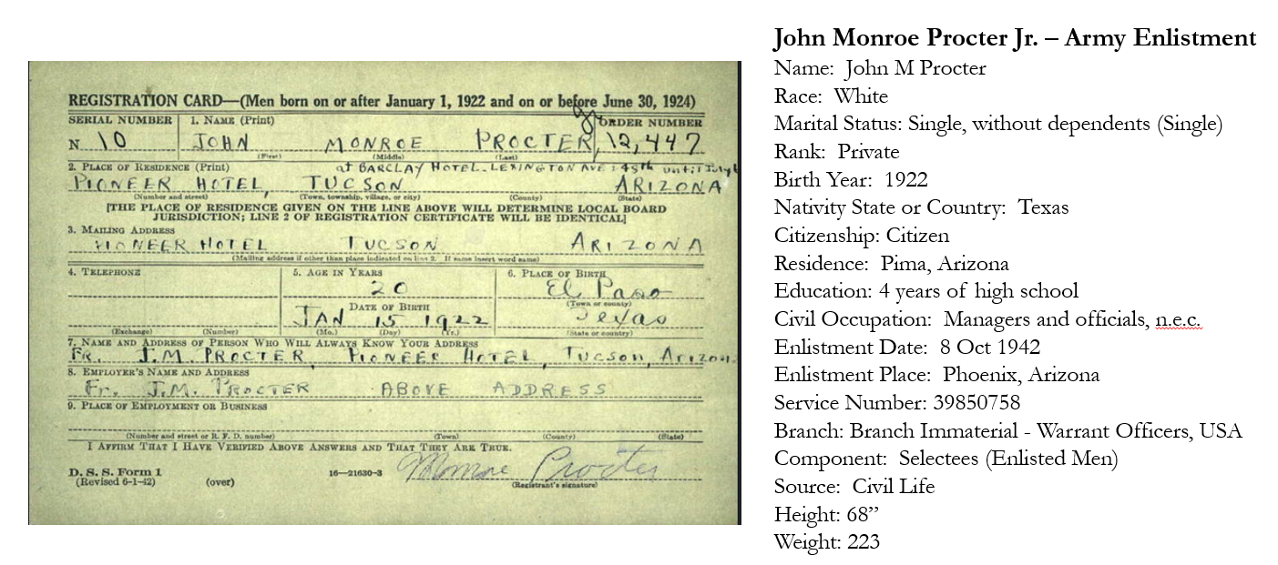 John Monroe Procter Jr. Draft Card and Army Enlistment Information