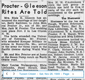 John Monroe Procter, Jr. Marriage Notice to Betty Gleeson - Tucson Citizen, Sat, Nov 26, 1949_Sonny