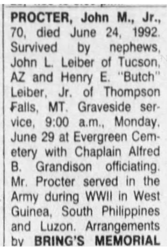 John Monroe Procter Jr. Obituary 1992