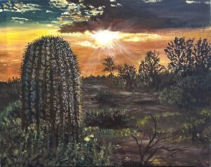Barrel cactus in the sunset painting