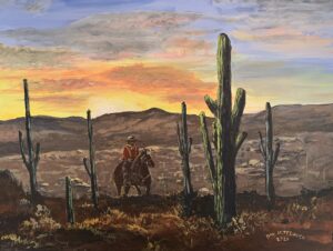 Painting of a cowboy in a red shirt on a horse with saguaro cactus and mountains behind him