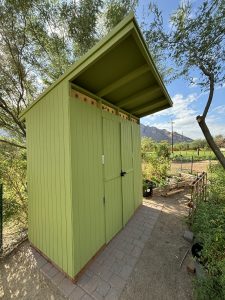 Side view of new green shed in Heritage Garden September 2025 with Plants