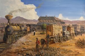 Painting with a train arriving and a wagon train leaving
