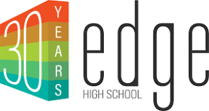 Edge High School 30 yrs Logo with a colorful block with a 3 and a zero in the square