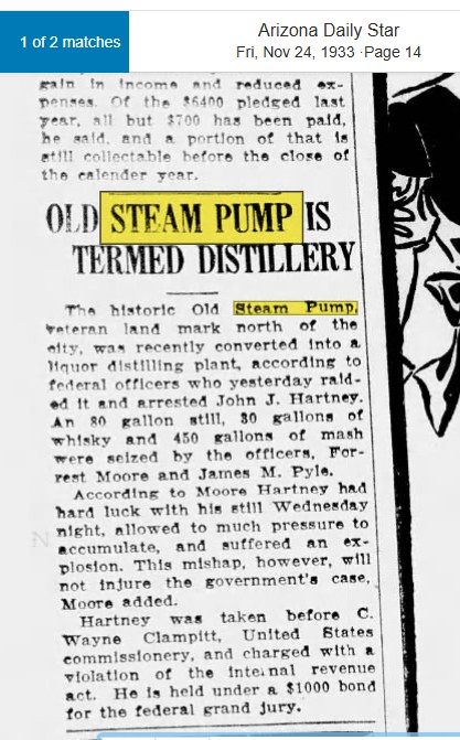 Arizona Daily Star, November 24, 1933 article about a distillery at Steam Pump Ranch after explosion occurs