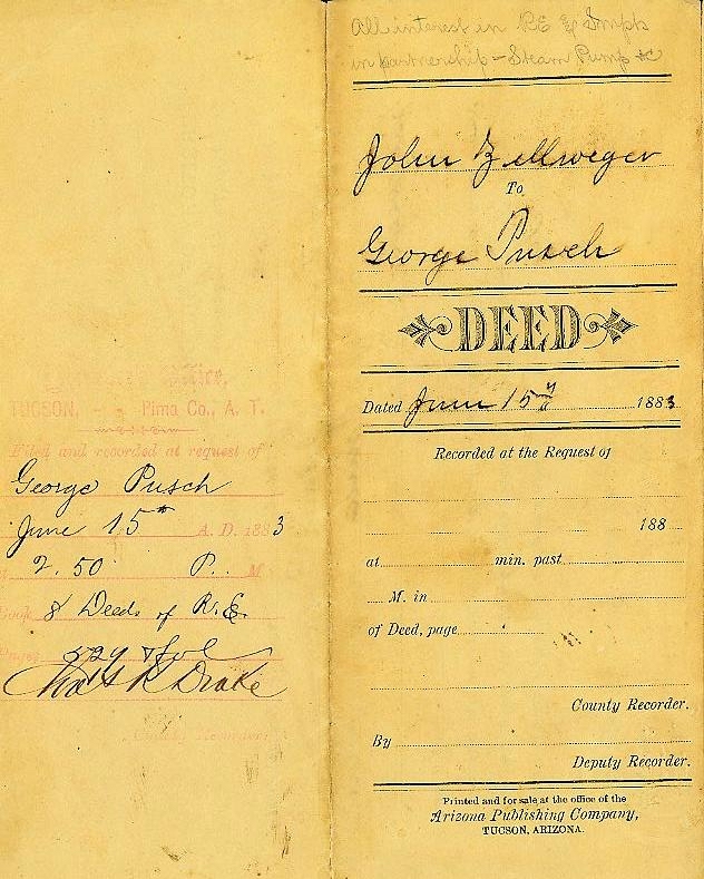 In 1883, Zellweger sold his share of the ranch and the rights to the steam pump to Pusch. It was recorded as a Bill of Sale and not a Transfer of Deed indicating that no one 'technically' owned the land.