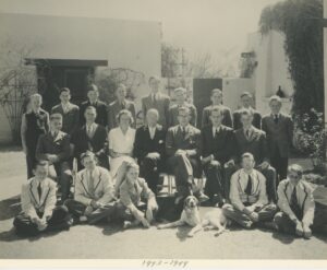 1943 - 1944 School Boys, Robert Russell, Ellen Stuart Russell, JS Ruggs and others, 1 Dog Laying Down in Front. Date Written on Botto