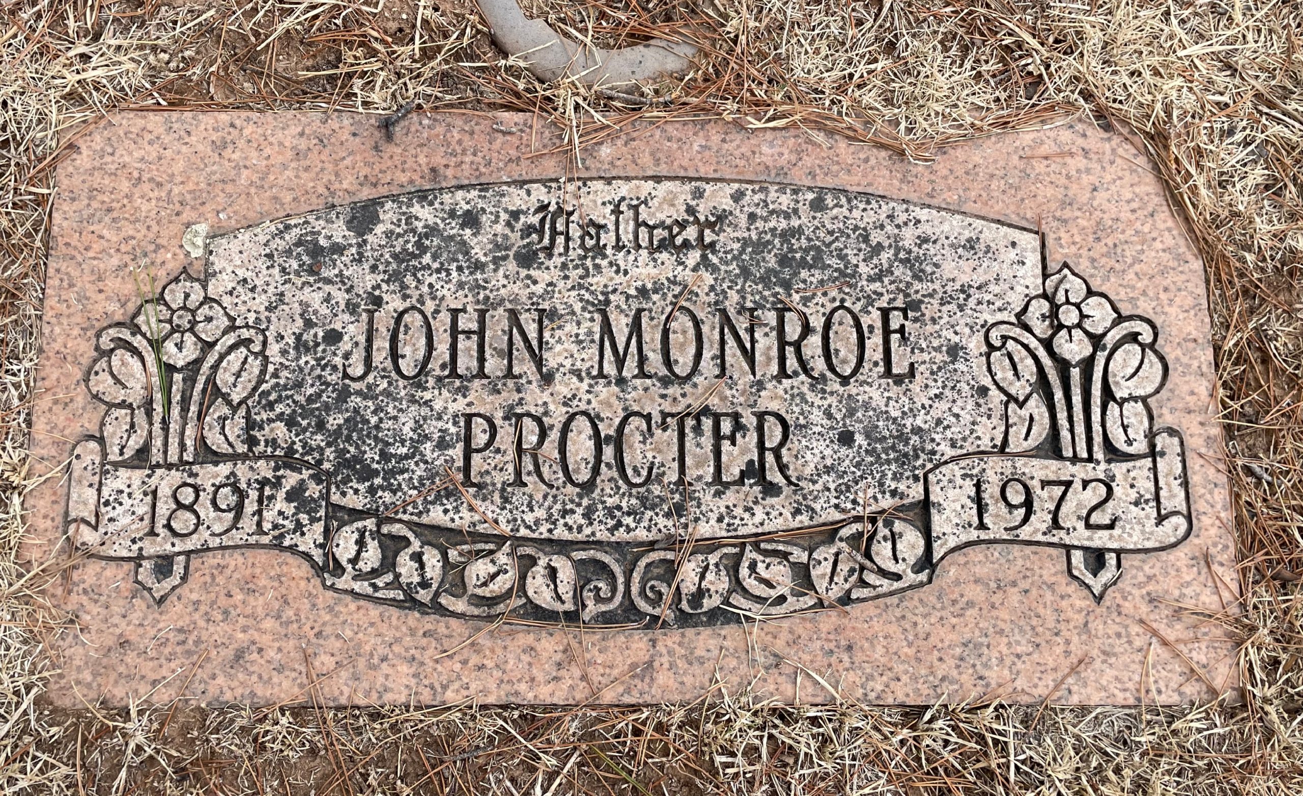 Gravesite Marker John Monroe Procter, Evergreen Cemetery 1891-1972