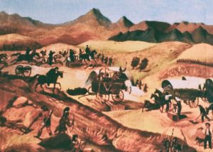 Colorful reproduction of the Tully and Ochoa Wagon Attack, May 1869. Apache and settlers in a battle.