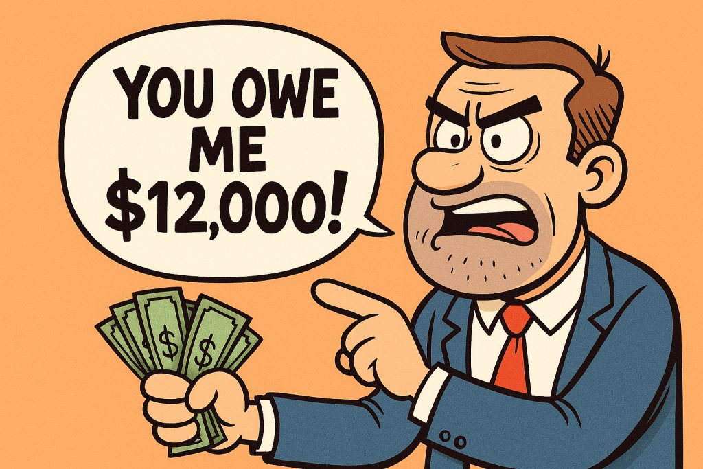 You Owe Me $12,000 Cartoon. Man yelling at holding money in his hand.