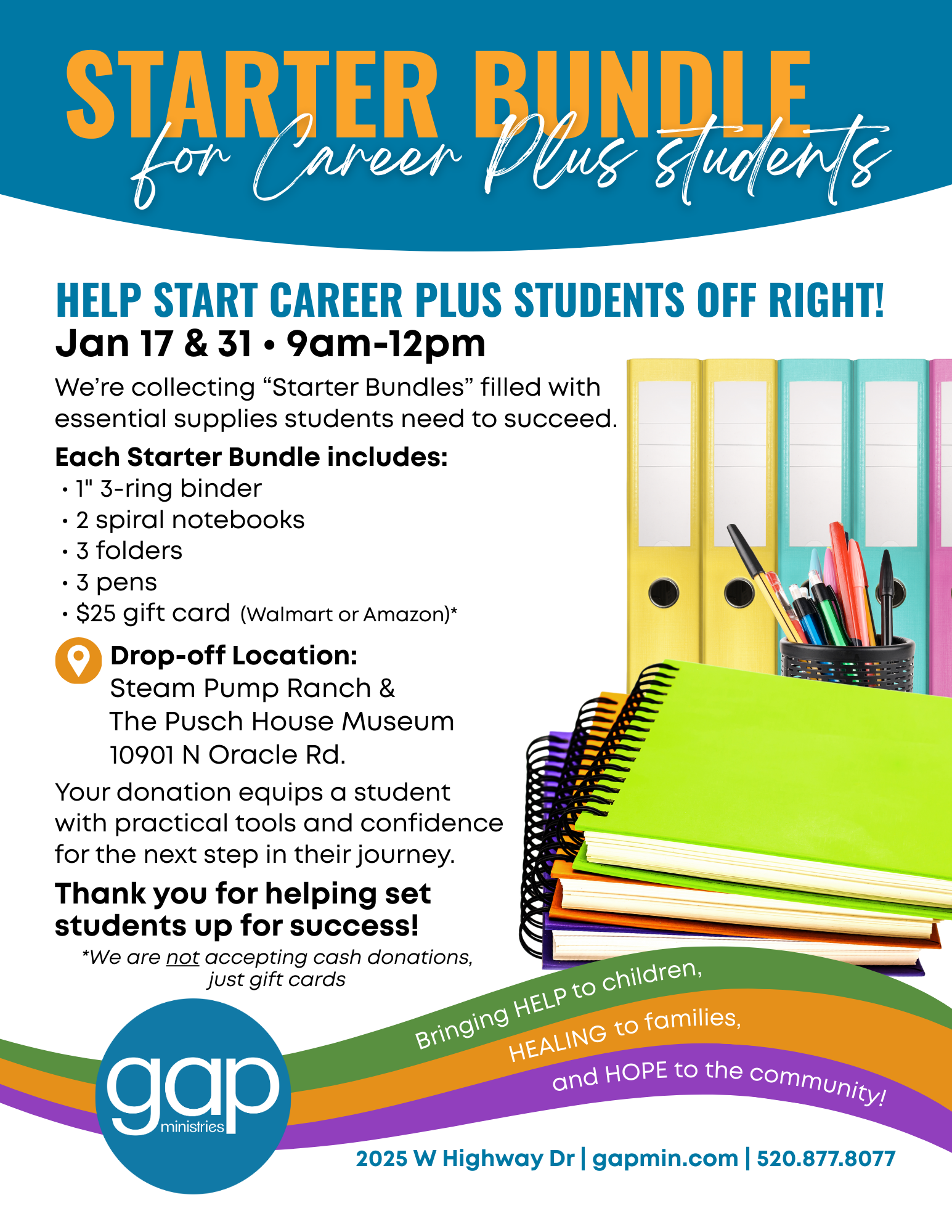 Starter Bundle Drive Flyer Gap Ministries January 2026 with list of items needed for donation drive