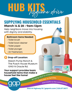 Flyer for Gap Ministries Hygiene Drive March 2026 for bathroom essentials