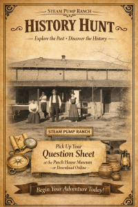 History Hunt Flyer with image of 4 Pusch family members outside their house in the early 1900s