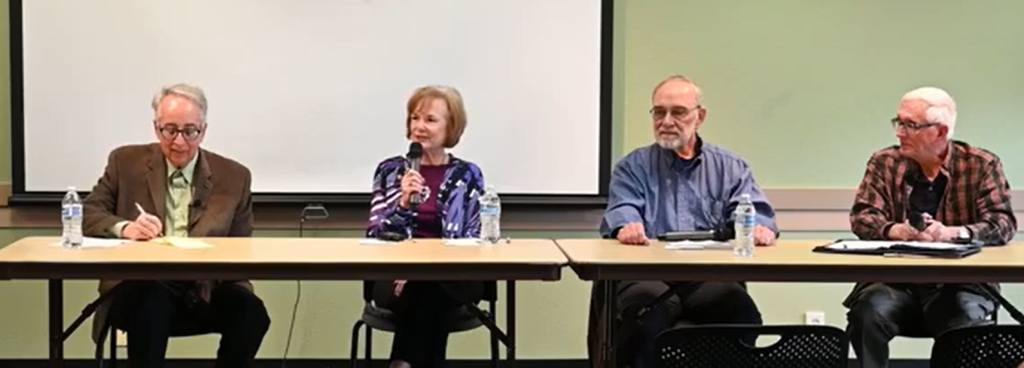 How Oro Valley Has Changed Panel Discussion with Jim Williams, Dave Perry, Kathi Cuvelier, and Spencer Elliott. All are sitting at a table facing an audience.