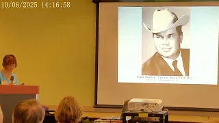 Marti Conroy standing behind a podium presenting the History of Empire Ranch, October 2025