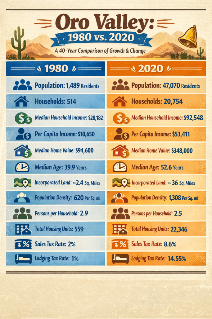 Infographic of Oro Valley Demographics Comparison 1980 vs 2020