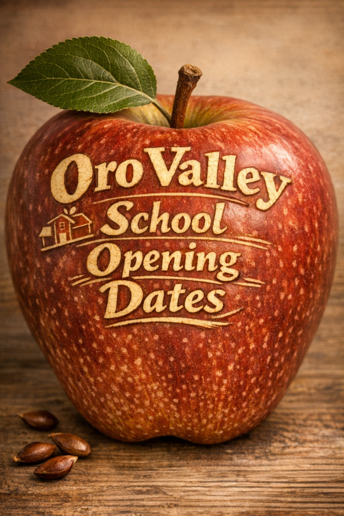 Red apple with Oro Valley School Opening Dates carved into it
