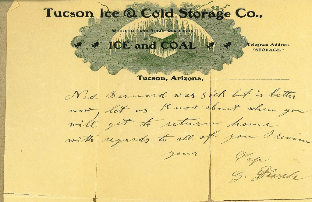 Postcard from George Pusch on Tucson Ice & Cold Storage card regarding Ned Bernard