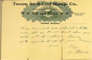Postcard from George Pusch on Tucson Ice & Cold Storage card regarding Ned Bernard