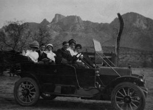 Pusch Family in Ford Model T or a similar car from 1910s or 1920s Pusch Peak Behind Two Men, Four Women