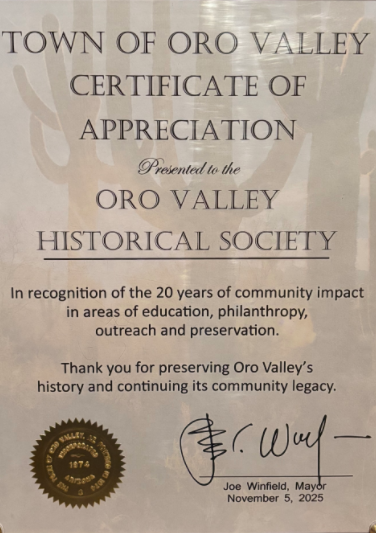 Town of Oro Valley Certificate of Appreciation 20 Years of OVHS Plaque, November 5, 2025