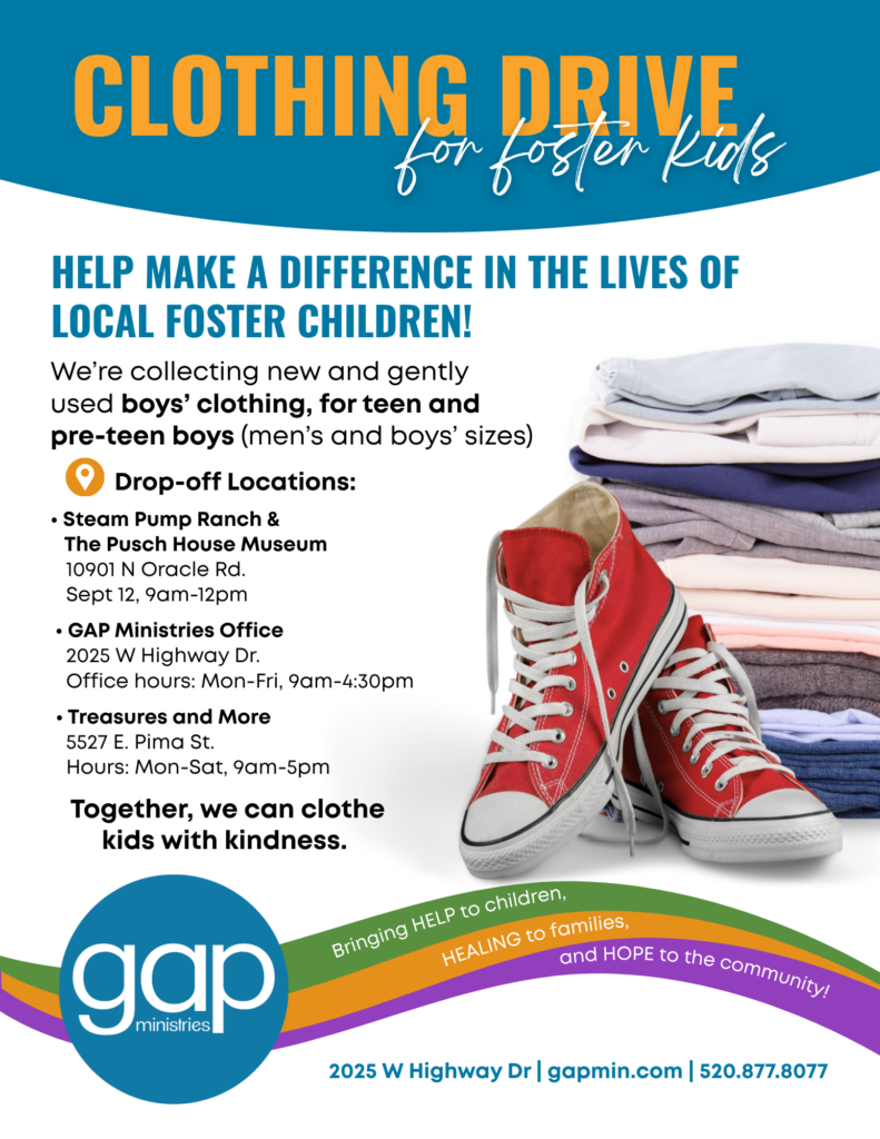 GAP Ministries Sept 2026 Clothing Drive Flyer for boys